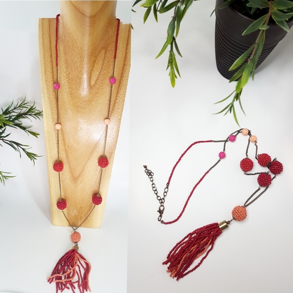 LOT OF X2🍒Roses Blue Striped Top| Vintage Beaded Tassel Long Necklace - Picture 4 of 14